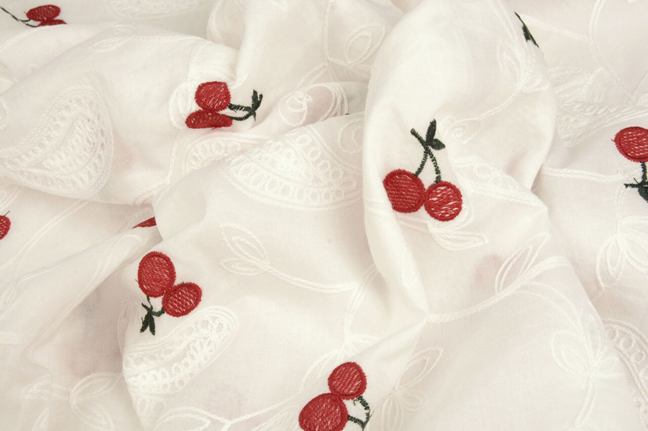 100% Baumwolle Voile Bestickt Kirsche Off-White