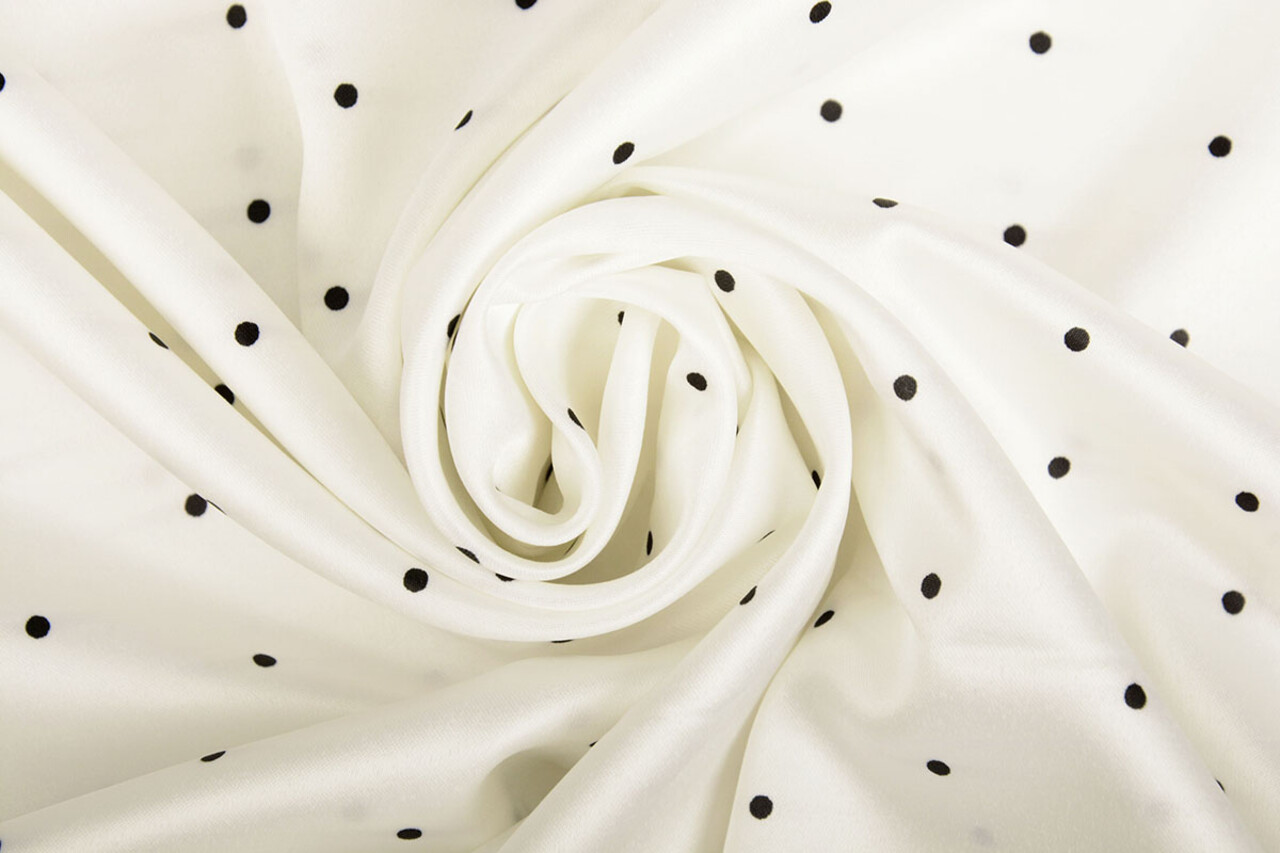 Stretch Satin Printed Dots White Black