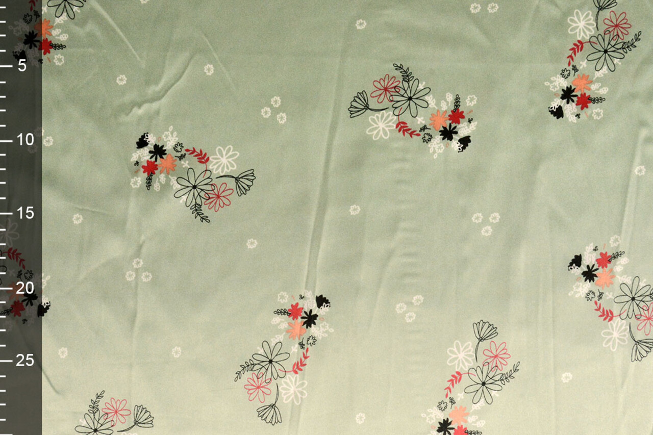 Stretch Satin Printed Flowers Lucille Light Old Green