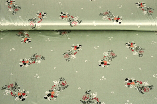 Stretch Satin Printed Flowers Lucille Light Old Green