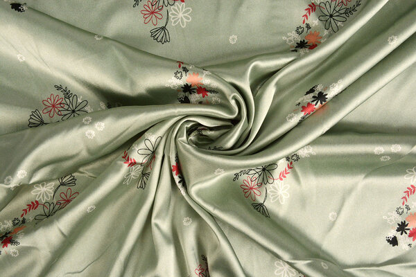 Stretch Satin Printed Flowers Lucille Light Old Green