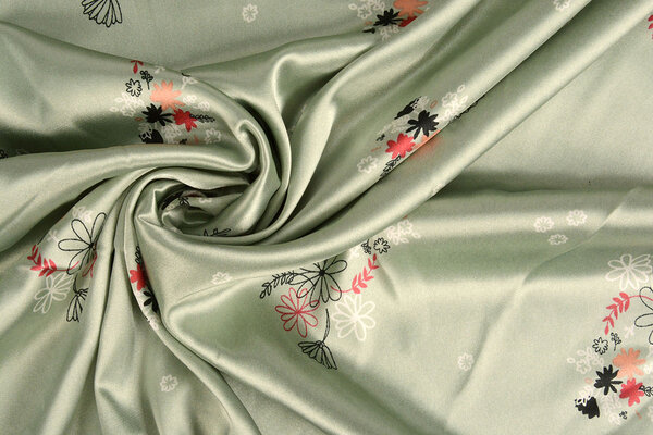 Stretch Satin Printed Flowers Lucille Light Old Green