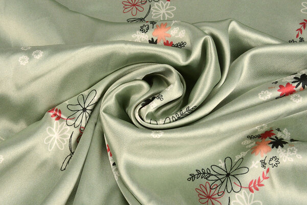Stretch Satin Bedruckt Blumen Lucille Hell Altgrün