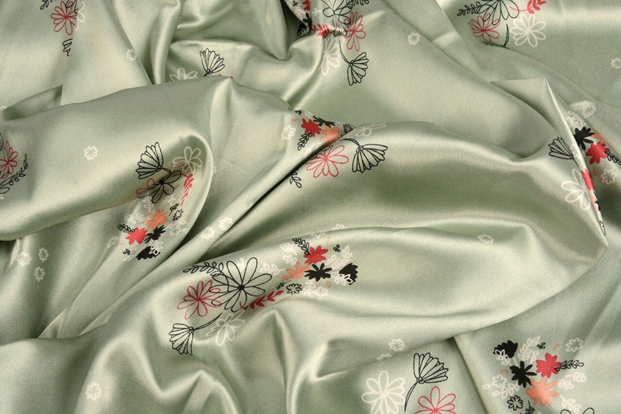 Stretch Satin Bedruckt Blumen Lucille Hell Altgrün