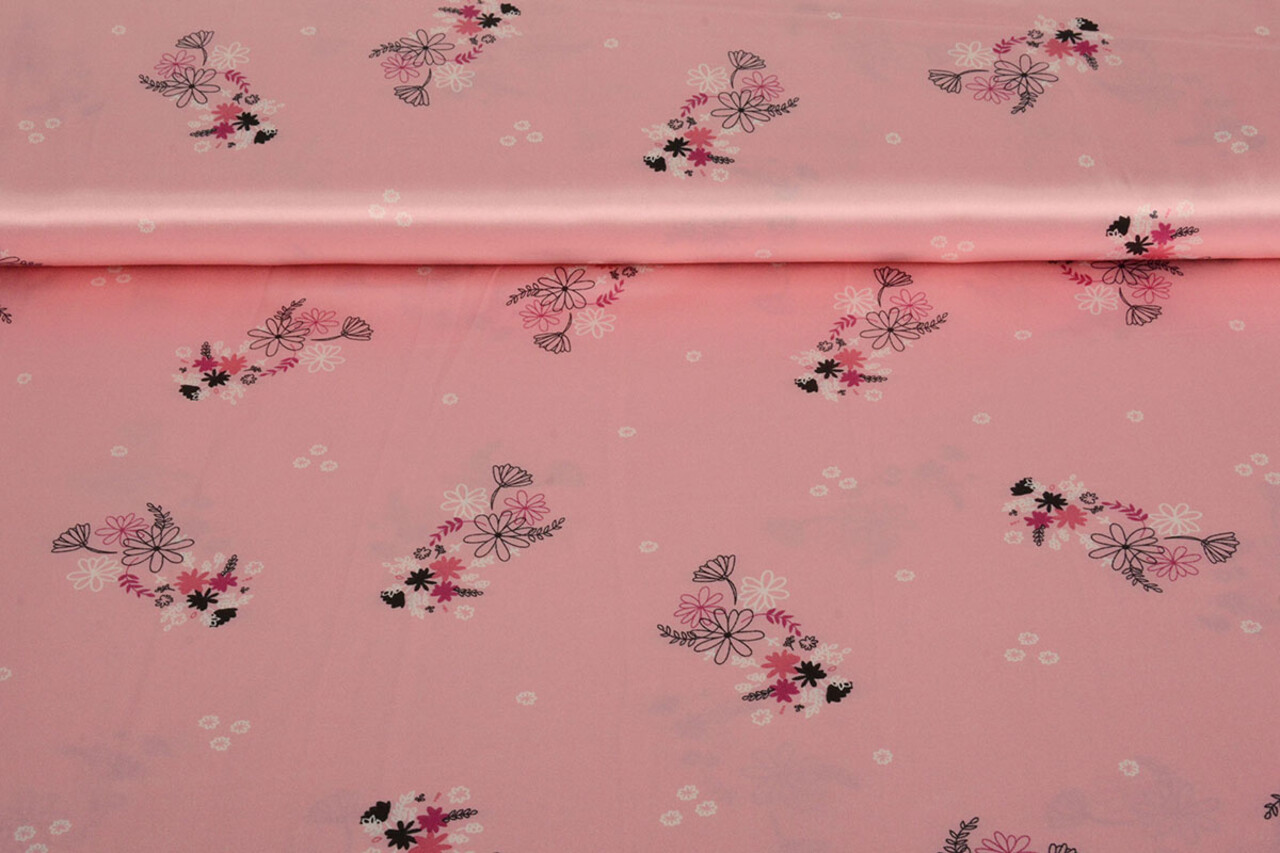 Satén Elástico Estampado Flores Lucille Rosa