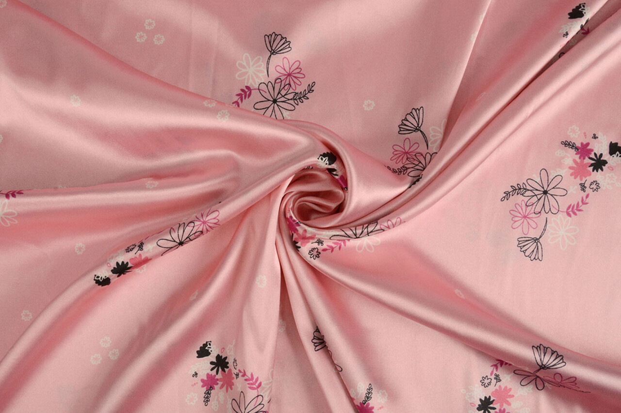 Stretch Satin Printed Flowers Lucille Pink Stretch Satin Printed Flowers Lucille Pink