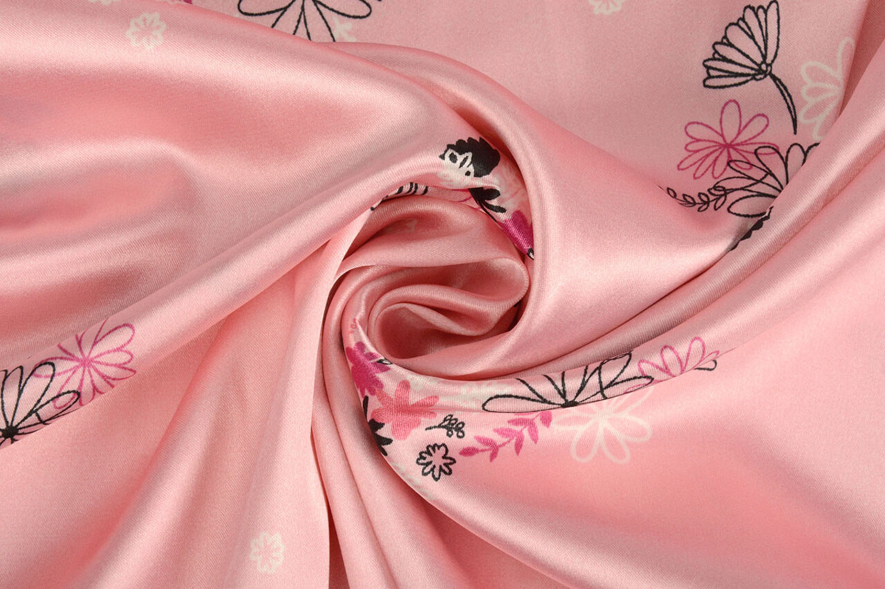 Stretch Satin Printed Flowers Lucille Pink Stretch Satin Printed Flowers Lucille Pink