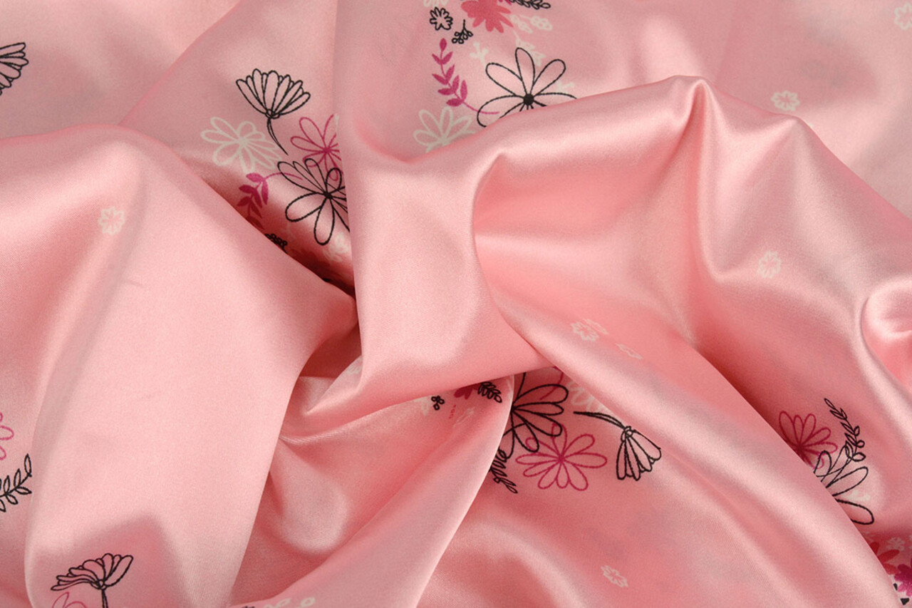 Stretch Satijn Bedrukt Bloemen Lucille Roze