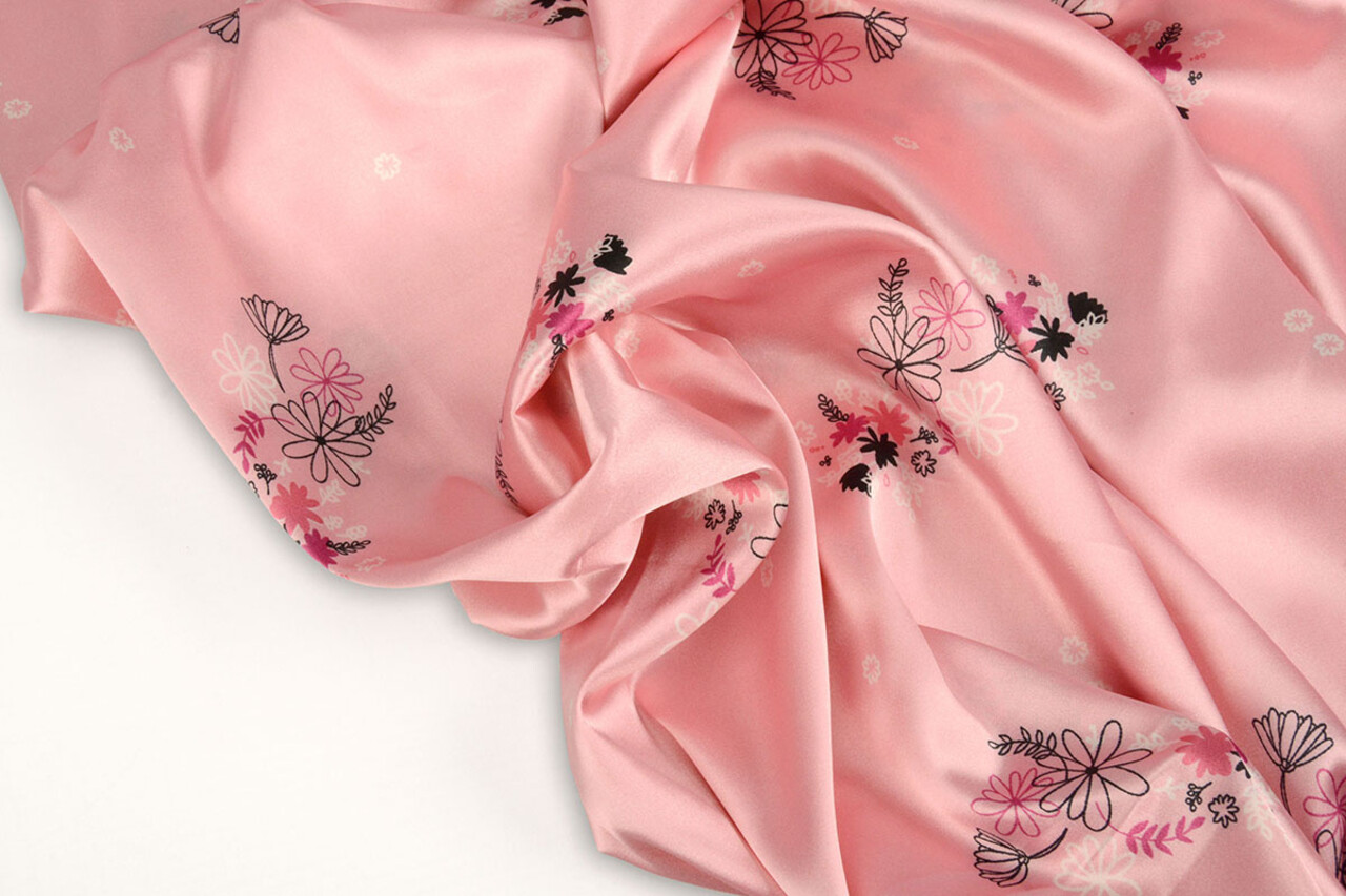 Stretch Satin Printed Flowers Lucille Pink Stretch Satin Printed Flowers Lucille Pink