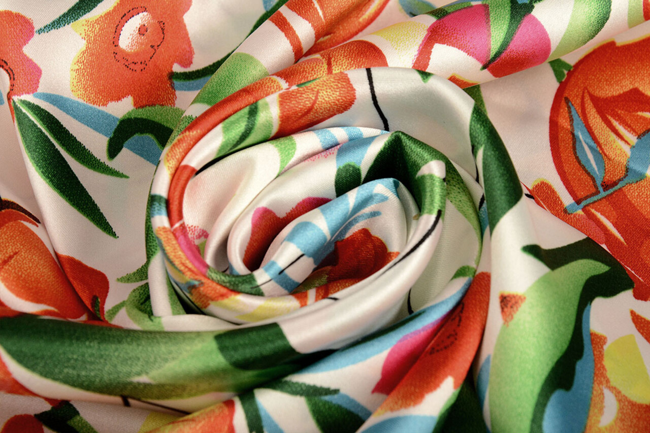Stretch Satin Printed Flowers Penny Stretch Satin Printed Flowers Penny