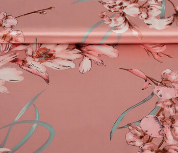 Stretch Satin Printed Flowers Marylou Powder Pink