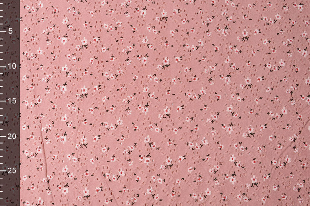 Oeko-Tex®  Katoen Jersey Broderie Bloemen Donker Oud Roze