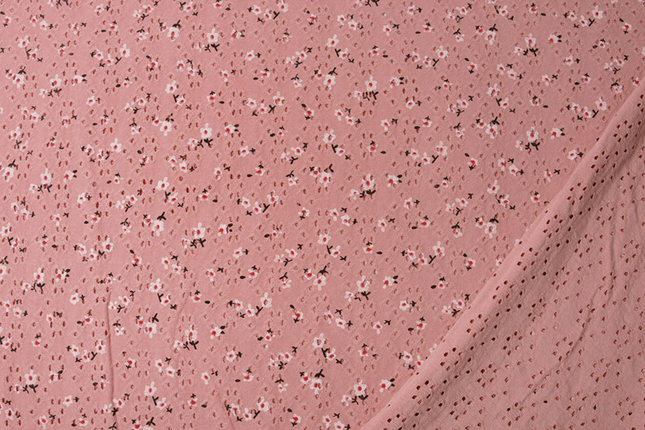 Oeko-Tex®  Baumwoll Jersey Stickerei  Blumen Dunkel Altrosa