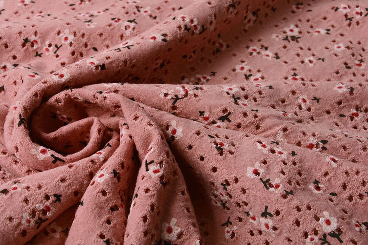Oeko-Tex®  Baumwoll Jersey Stickerei  Blumen Dunkel Altrosa