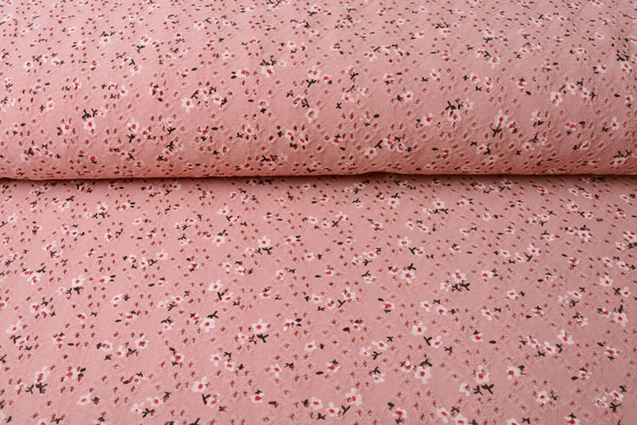 Oeko-Tex®  Katoen Jersey Broderie Bloemen Donker Oud Roze