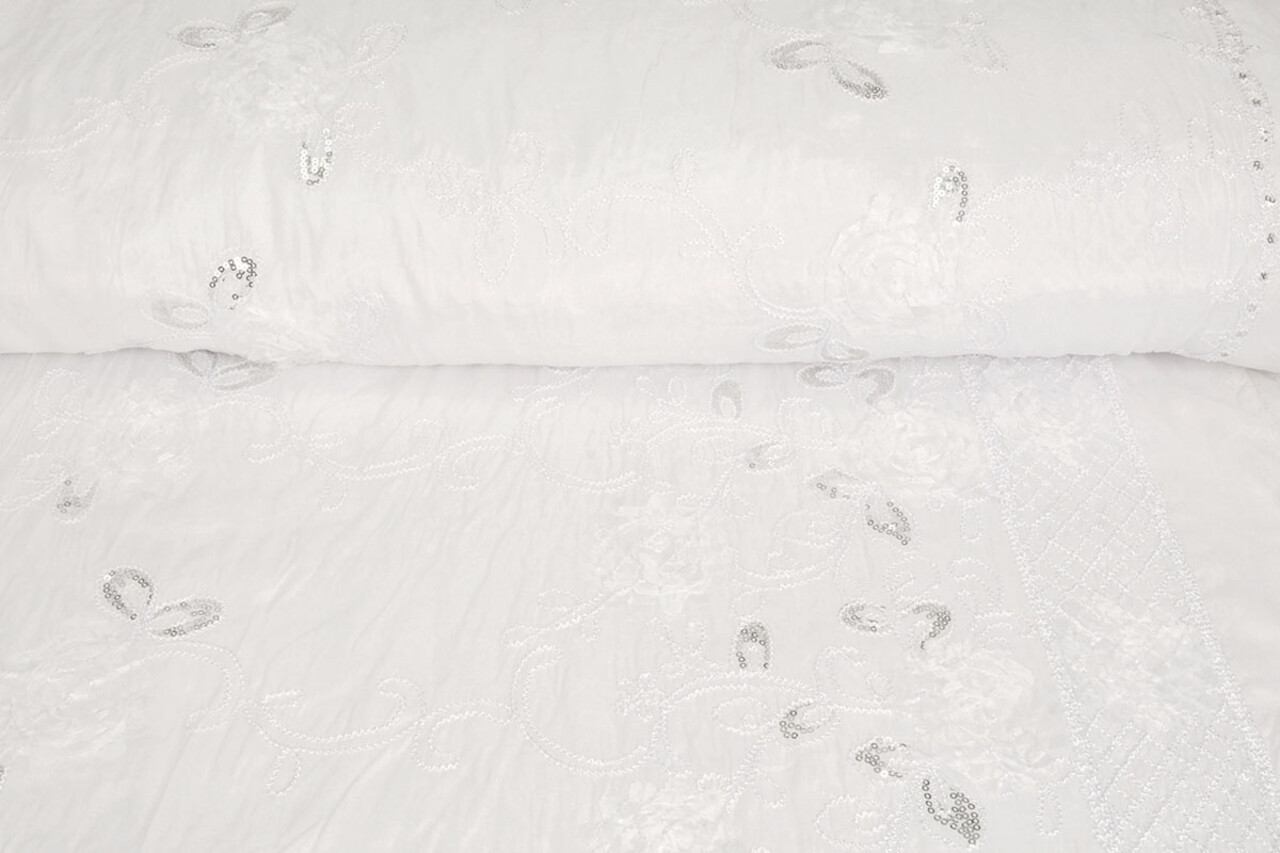 Ricamata Paillettes su Poli Seta Bianco Ricamata Paillettes su Poli Seta Bianco
