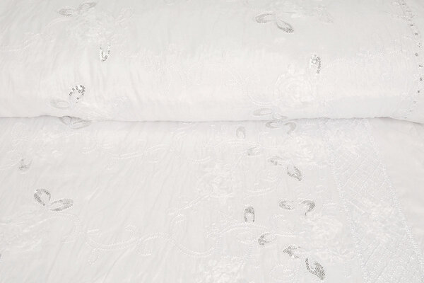 Embroidered Sequins on Poly Silk White