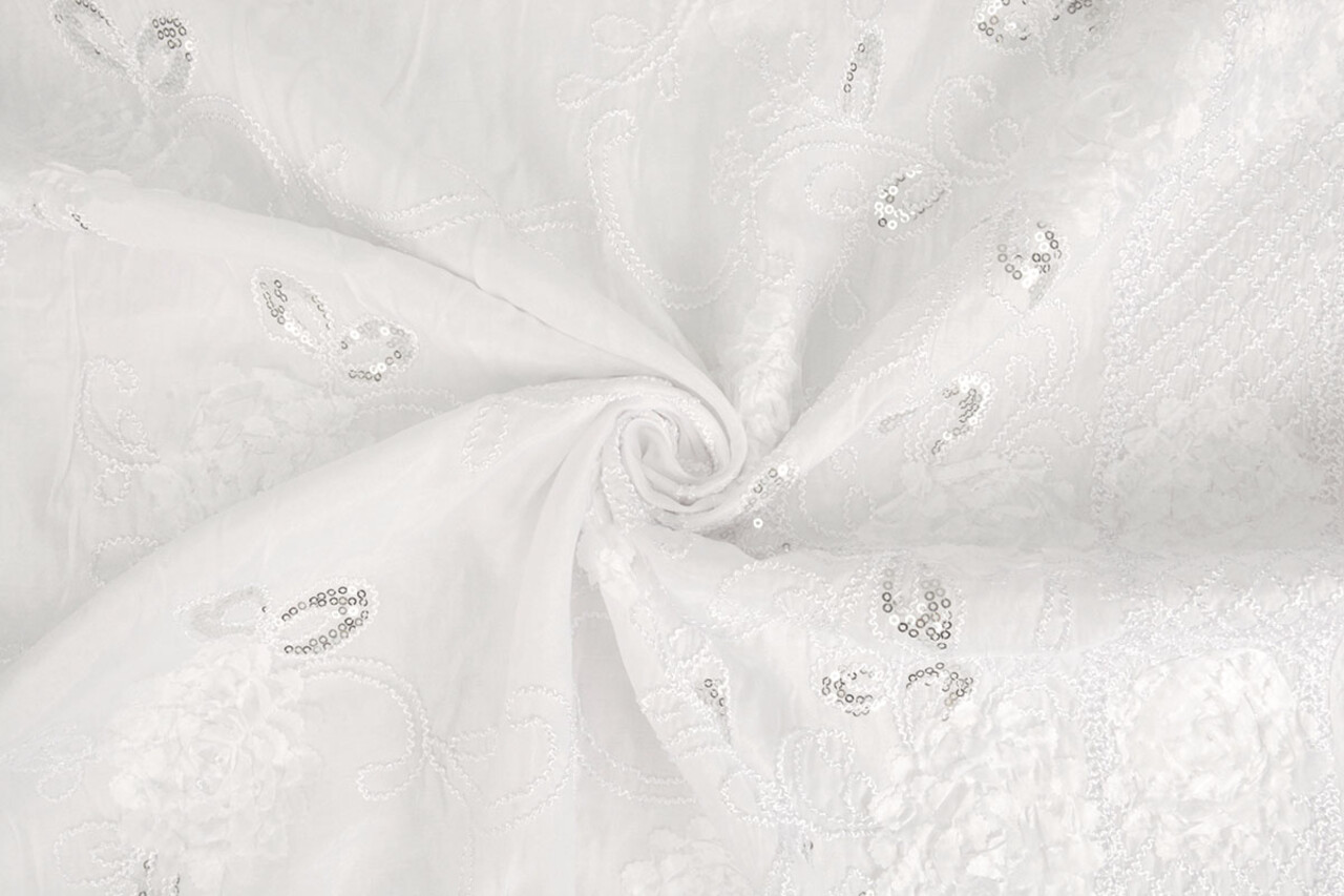Embroidered Sequins on Poly Silk White