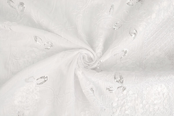 Embroidered Sequins on Poly Silk White