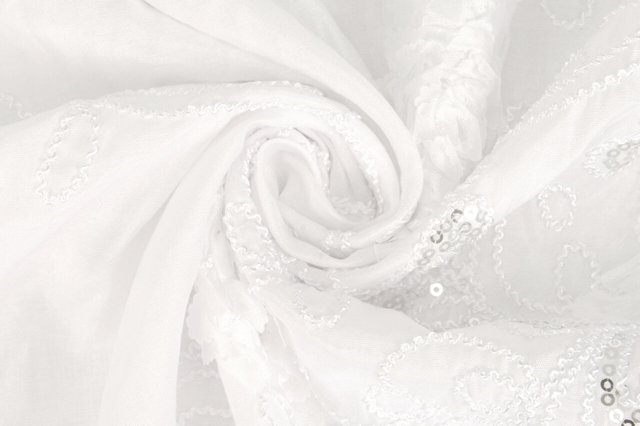 Embroidered Sequins on Poly Silk White