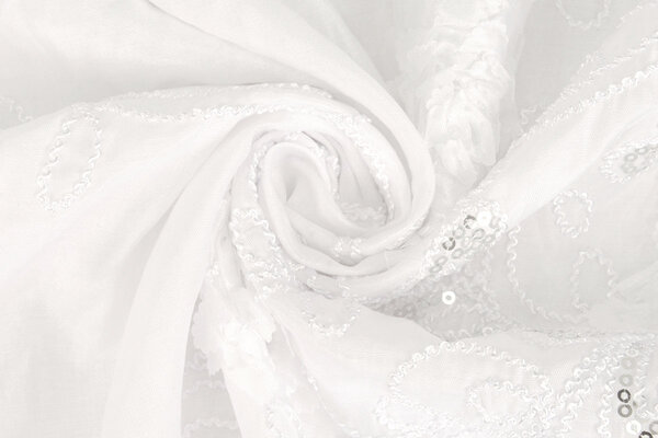 Embroidered Sequins on Poly Silk White