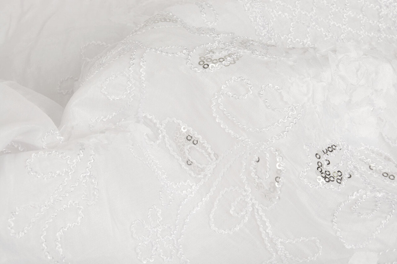 Embroidered Sequins on Poly Silk White