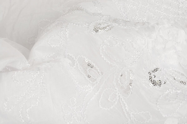 Embroidered Sequins on Poly Silk White