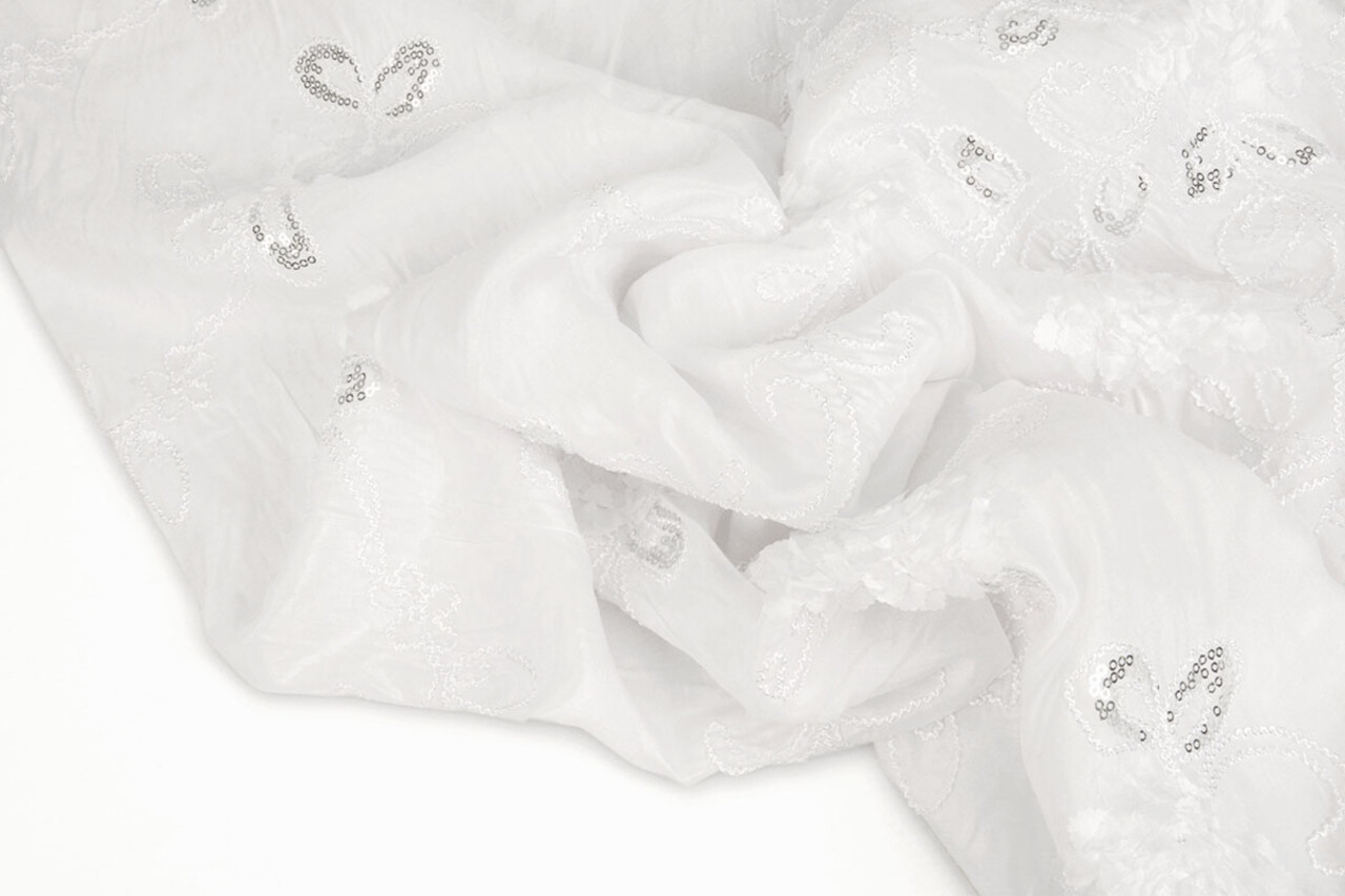 Brodé Paillettes sur Polyester Soie Blanc Brodé Paillettes sur Polyester Soie Blanc