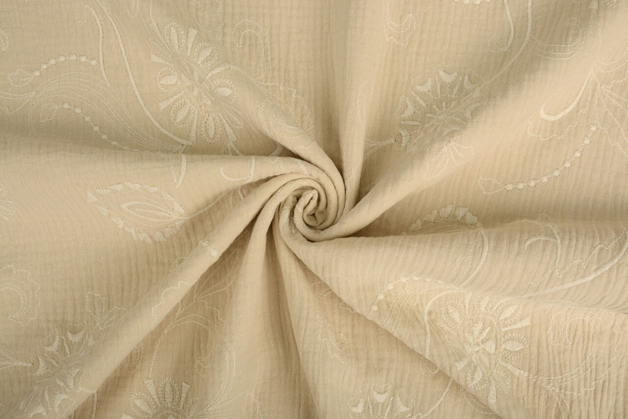 Oeko-Tex®  Bestickte Baumwolle Musselin Stoff  Beige