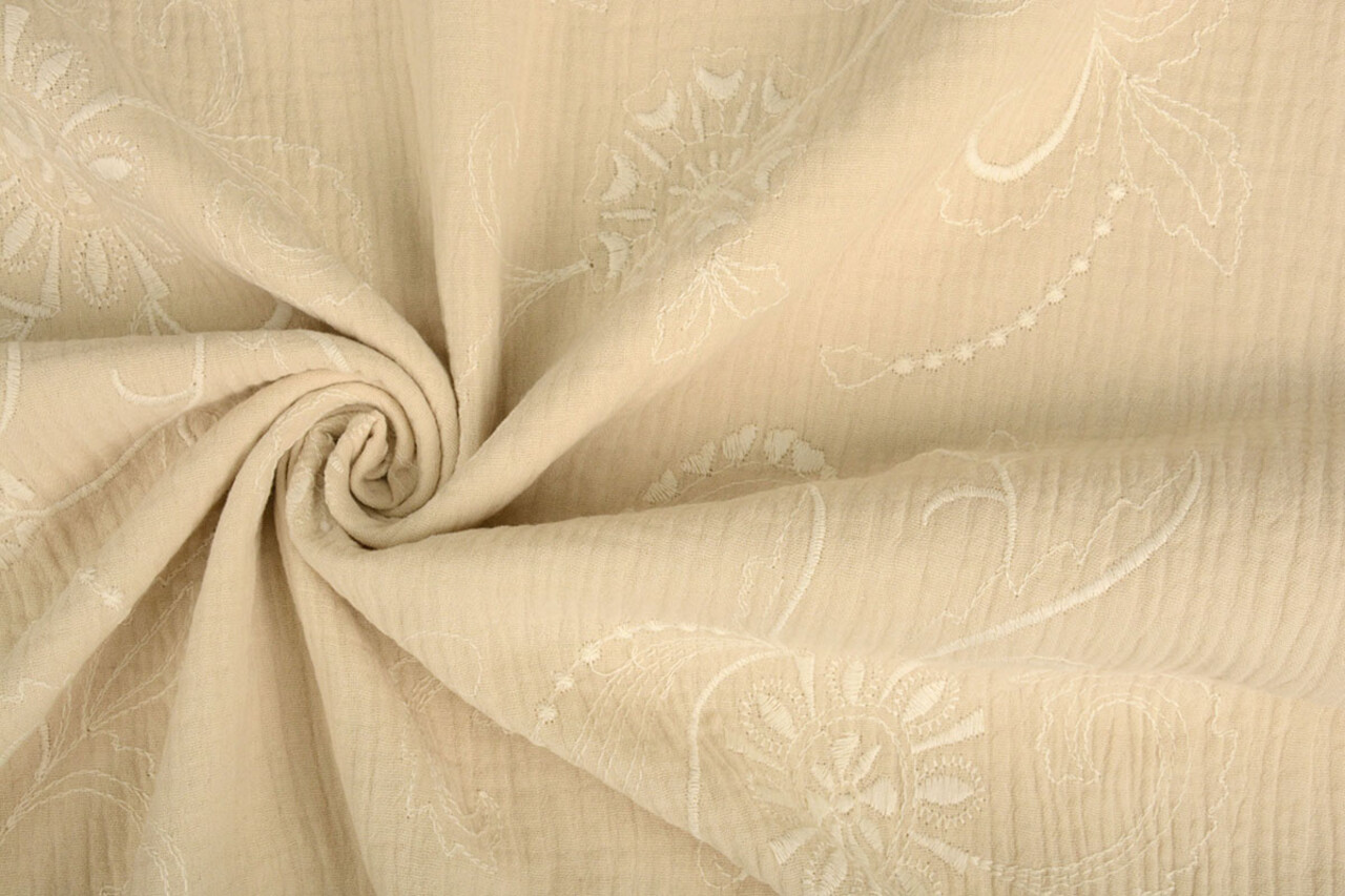 Oeko-Tex®  Embroidered Double Gauze Fabric Beige Oeko-Tex®  Embroidered Double Gauze Fabric Beige