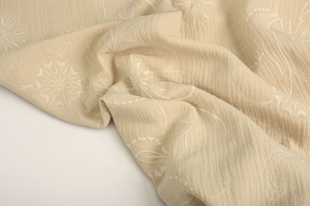Oeko-Tex®  Bestickte Baumwolle Musselin Stoff  Beige