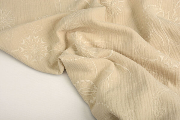 Oeko-Tex®  Bestickte Baumwolle Musselin Stoff  Beige