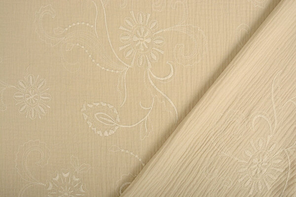 Oeko-Tex®  Bestickte Baumwolle Musselin Stoff  Beige