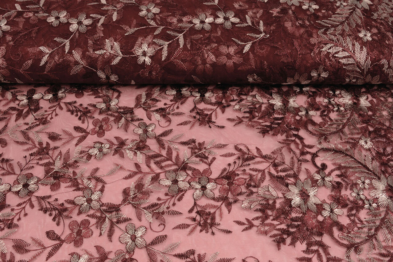 Mesh Embroidered Adele Bordeaux
