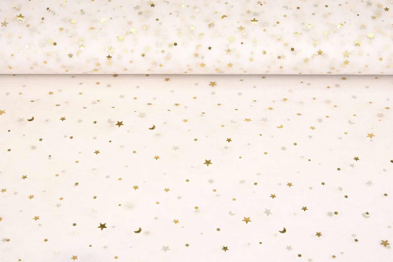 Fine Tulle Bianco Stelle Oro Fine Tulle Bianco Stelle Oro