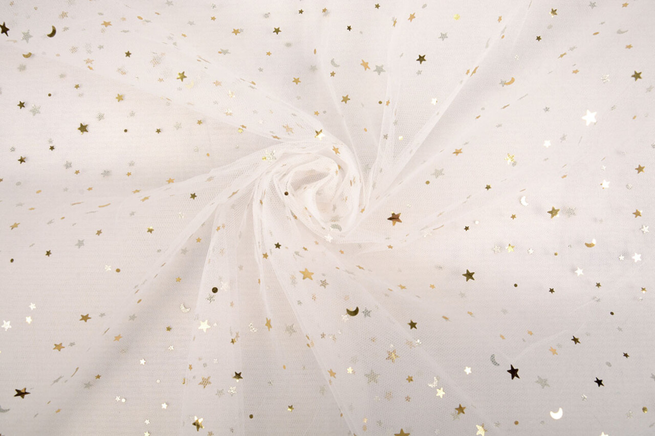 Fine Tulle Bianco Stelle Oro Fine Tulle Bianco Stelle Oro