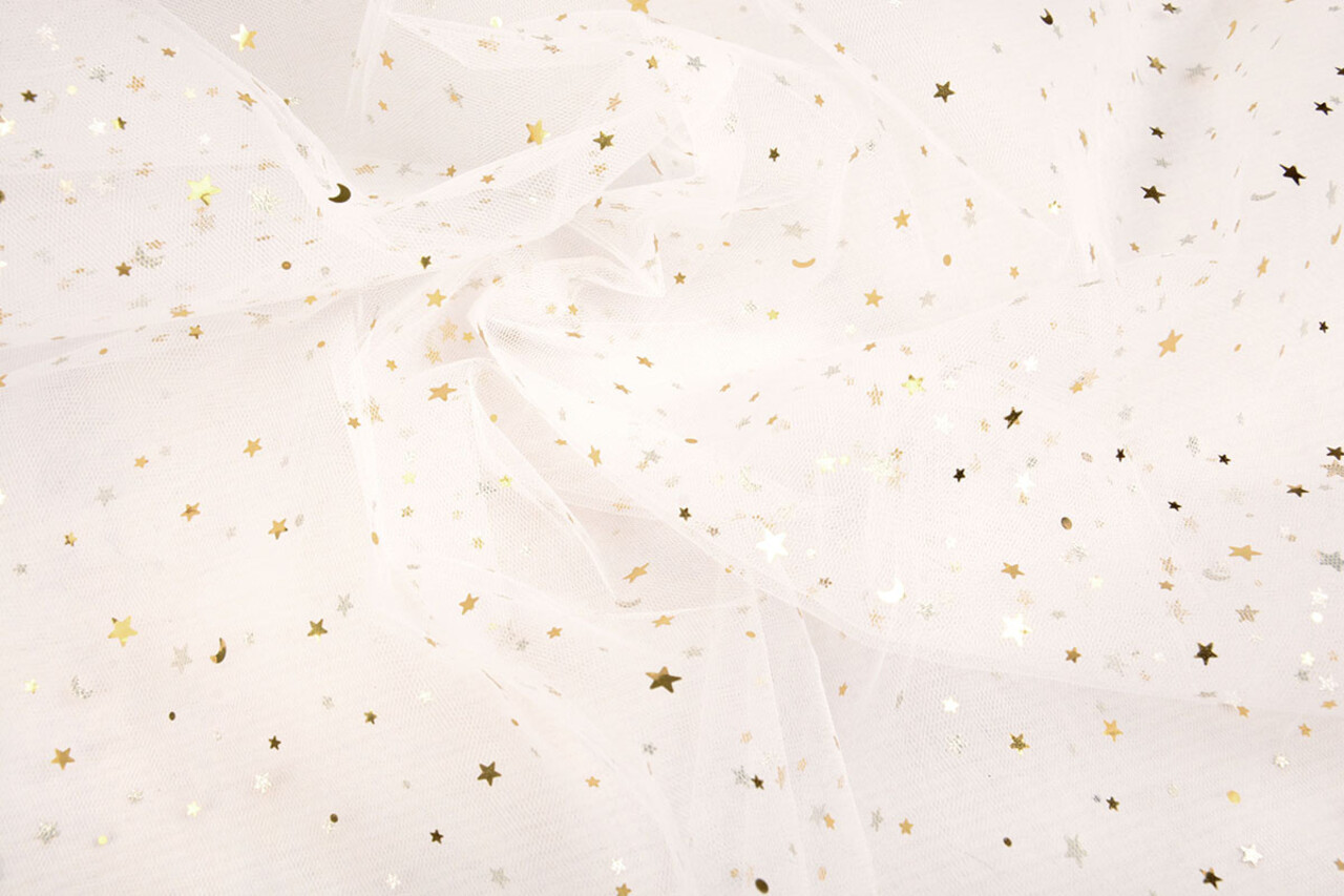 Fine Tulle Bianco Stelle Oro Fine Tulle Bianco Stelle Oro