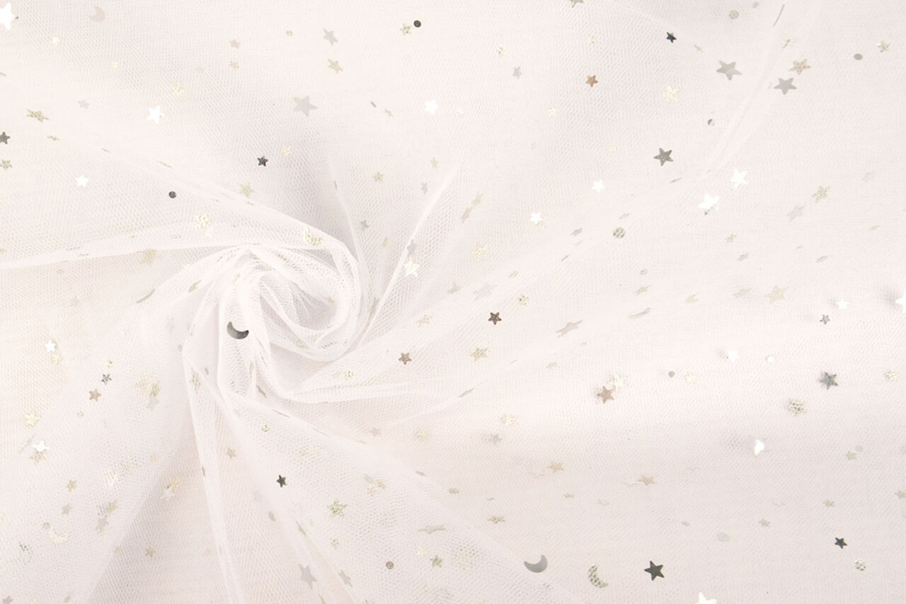 Fina Tul Blanco Estrellas Plateado