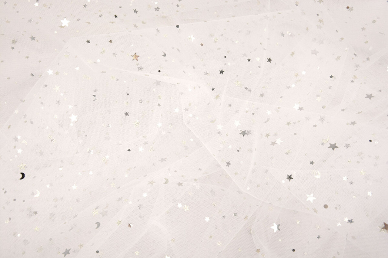 Fina Tul Blanco Estrellas Plateado