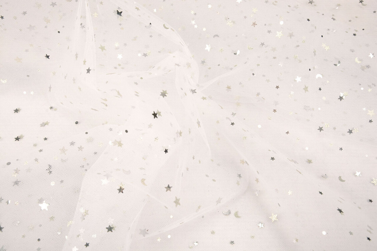 Fina Tul Blanco Estrellas Plateado
