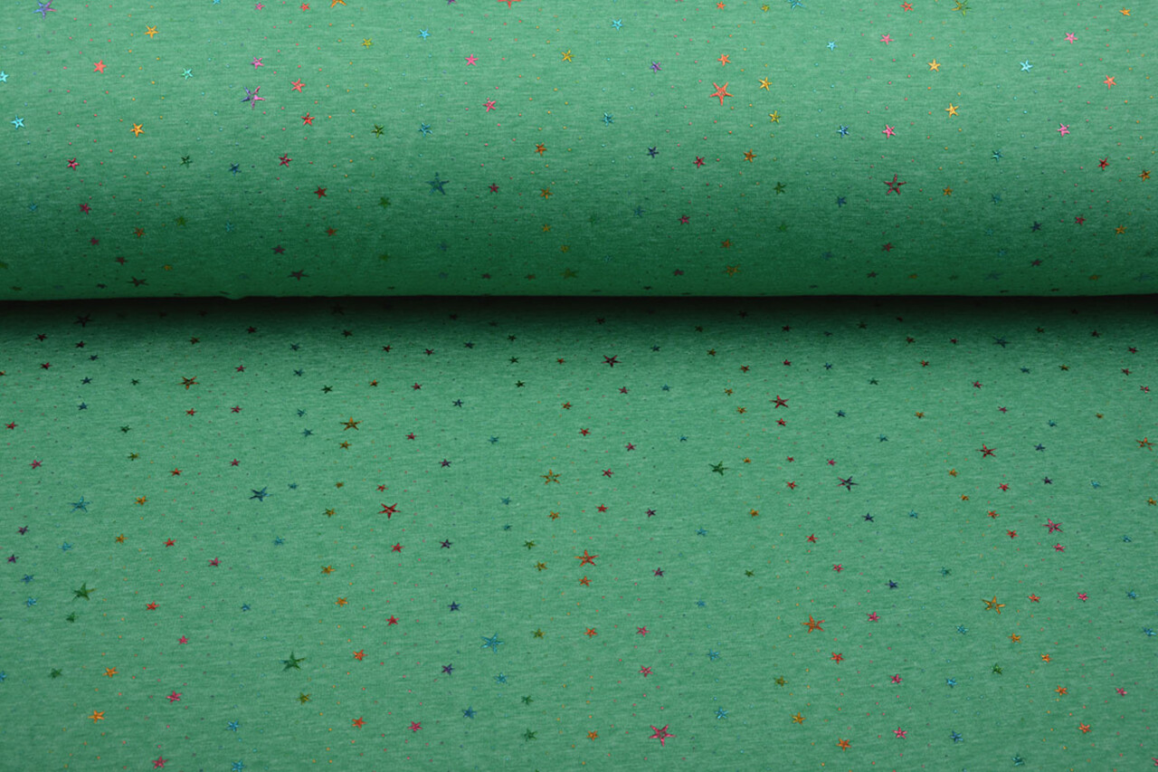 Sweatstoff Alpenfleece Star Drops Foil Grün Melange