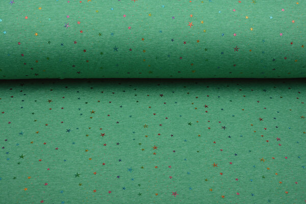 Sweatstoff Alpenfleece Star Drops Foil Grün Melange