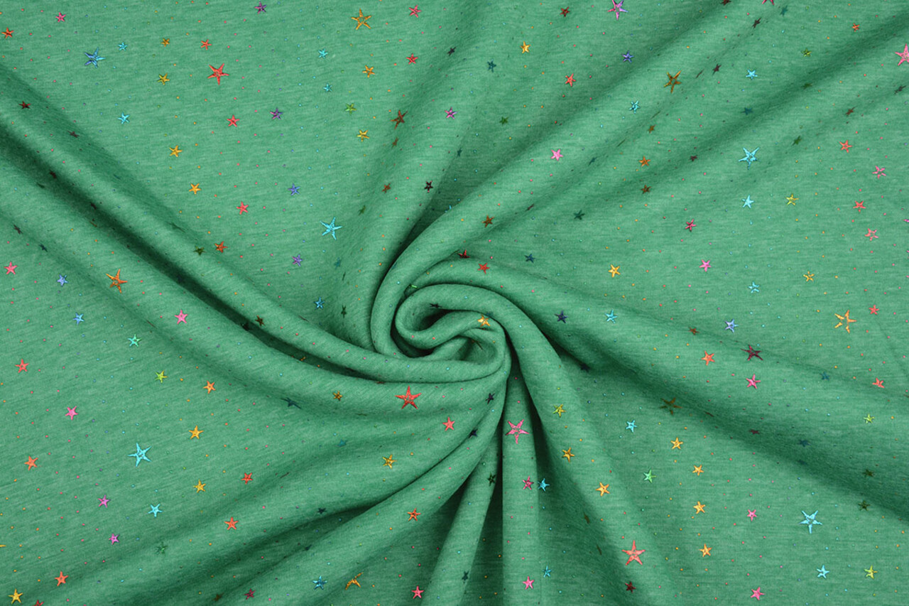 Sweatstoff Alpenfleece Star Drops Foil Grün Melange
