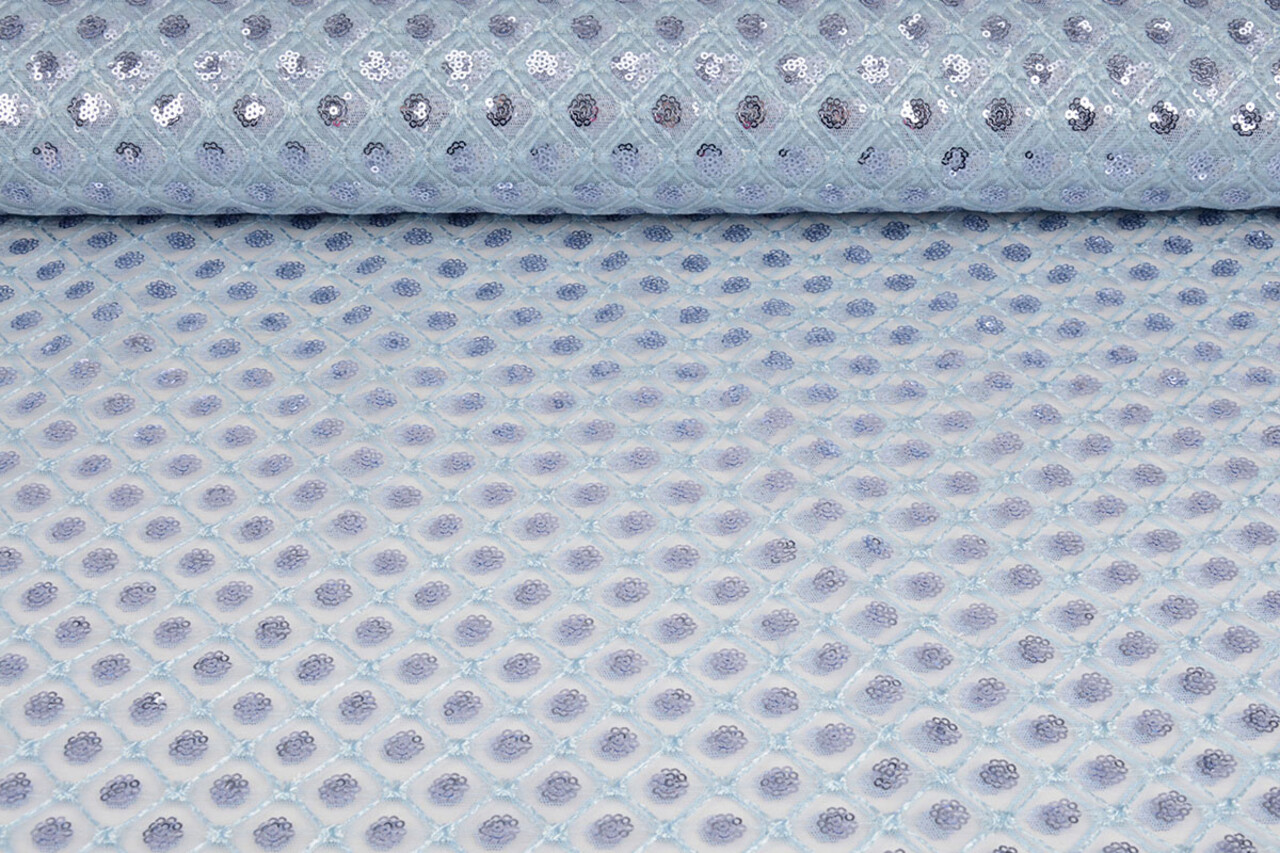 Mesh Ricamato Paillettes Chiara Blu Denim Chiaro