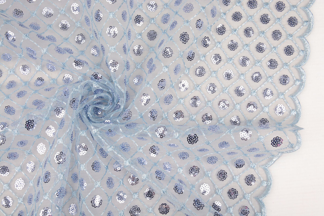 Mesh Ricamato Paillettes Chiara Blu Denim Chiaro