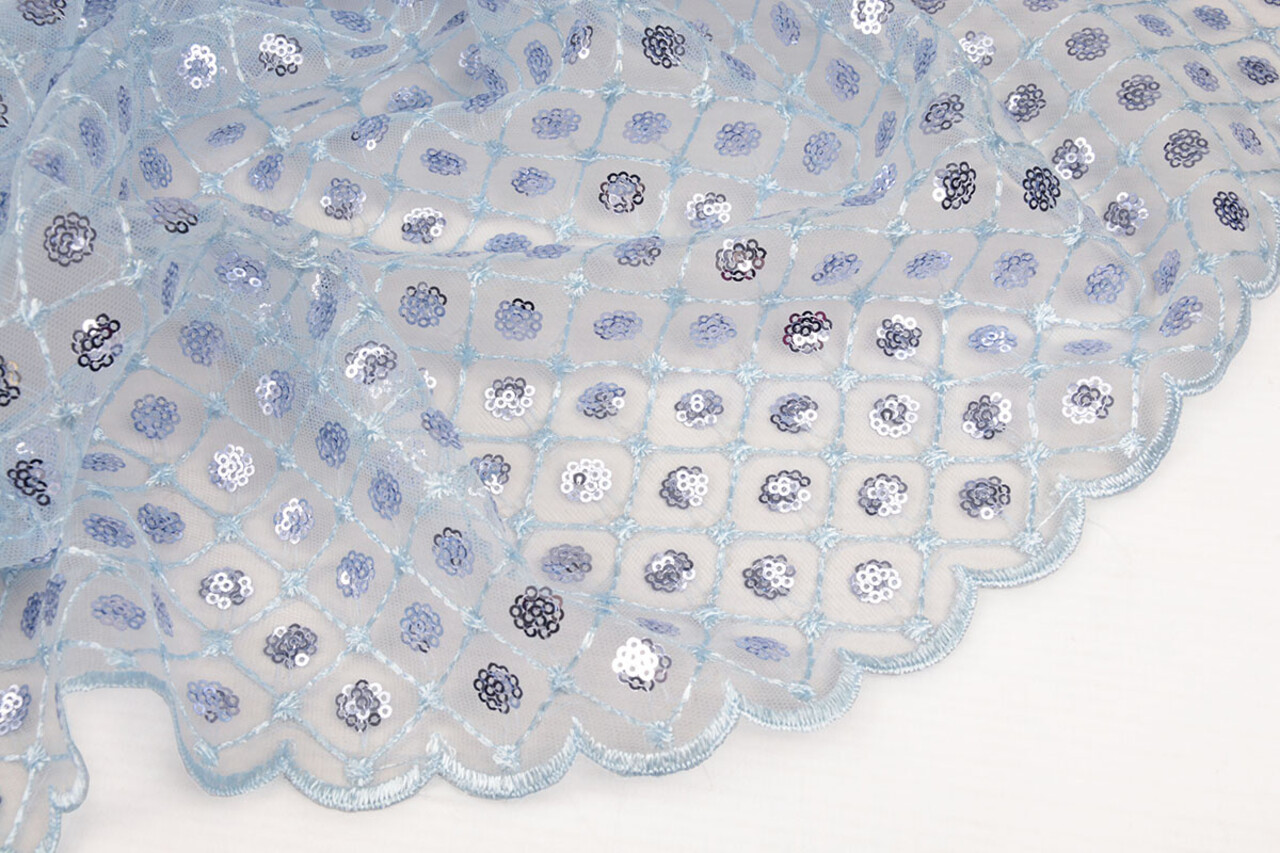 Mesh Ricamato Paillettes Chiara Blu Denim Chiaro