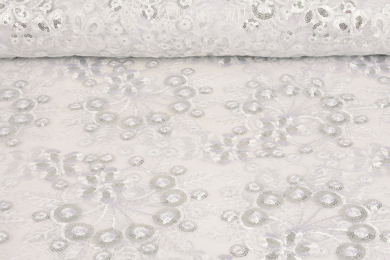 Mesh Embroidered Sequins Rosetta White