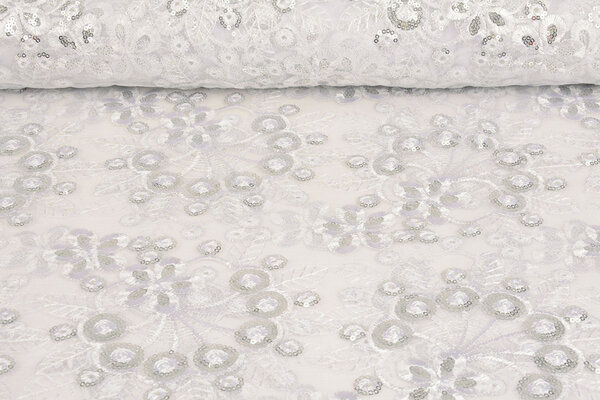 Netz Bestickt Pailletten Rosetta Weiß