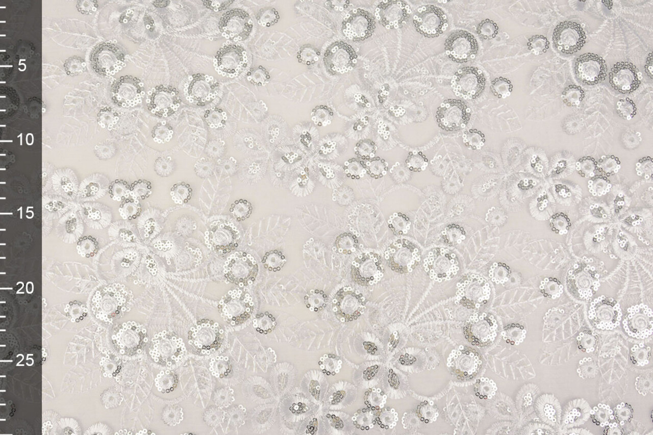 Mesh Ricamato Paillettes Rosetta Bianco