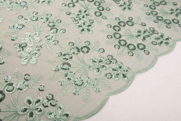 Mesh Ricamato Paillettes Rosetta Menta Antica Verde Mesh Ricamato Paillettes Rosetta Menta Antica Verde